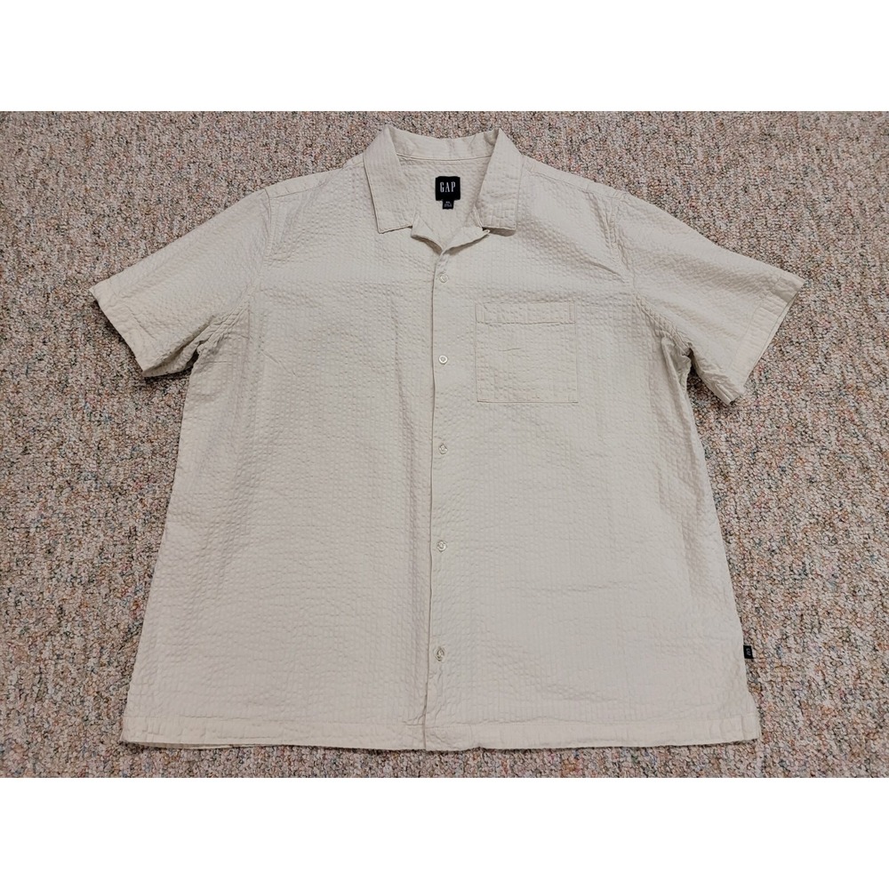 Gap Seersucker Shirt Mens 2XL Beige Cream Short Sleeve Button Up Preppy Summer